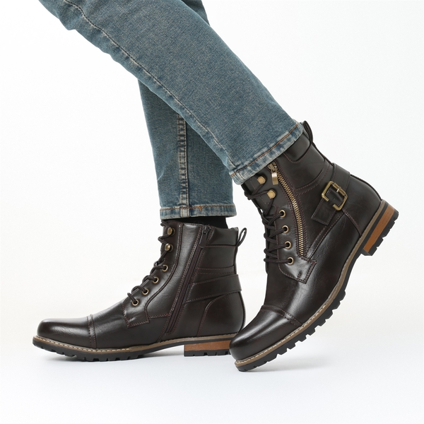 Men's Side Zipper Motorcycle Combat Boots - DARK BROWN - 7